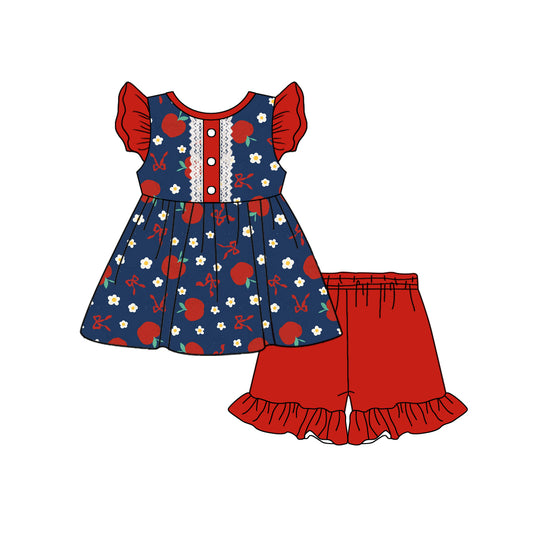 11.30(Custom Design Preorder MOQ 5 ) Apple Flowers Navy Tunic Top Red Shorts Girls Summer Clothes Set