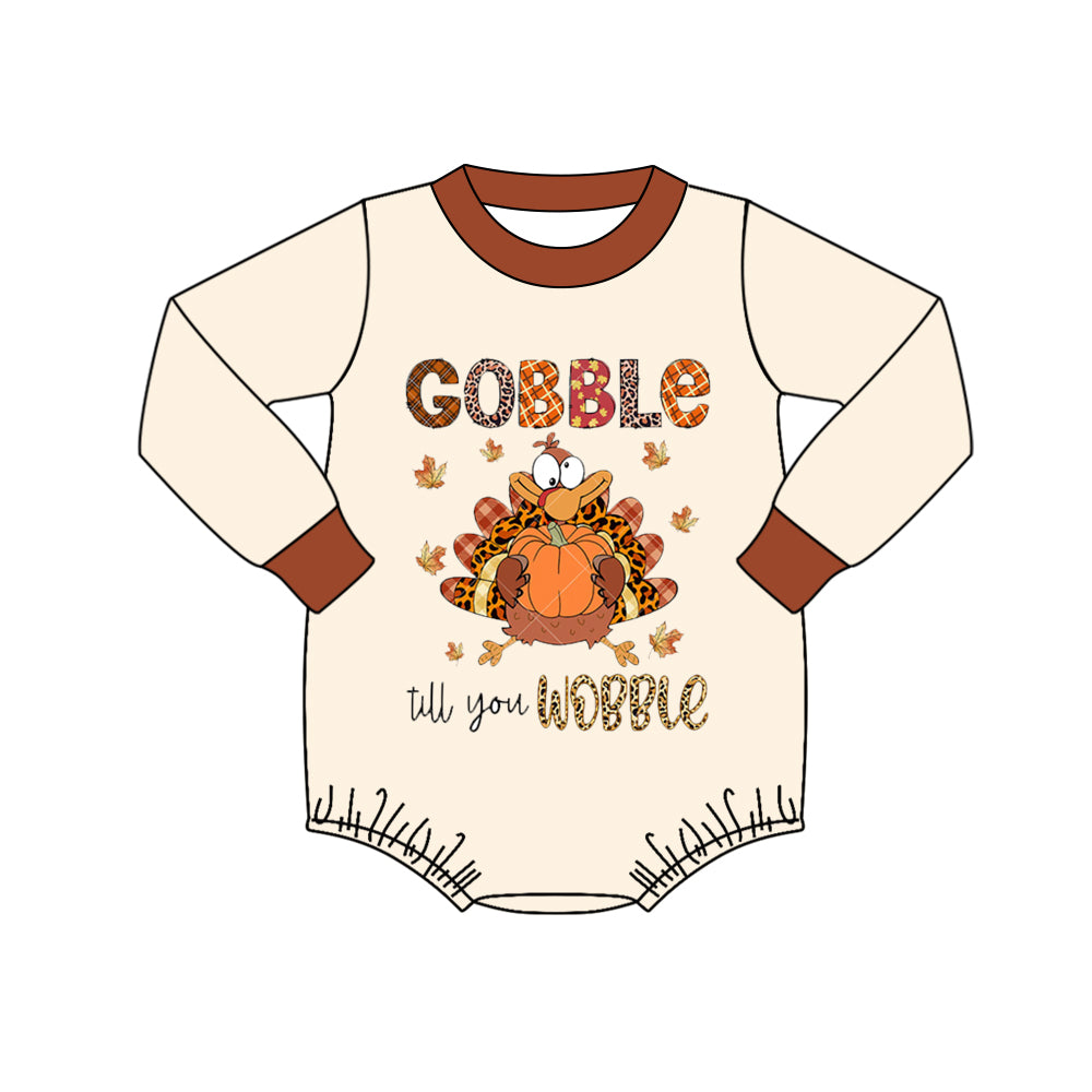 (Custom Design Preorder MOQ 5) GOBBLE VOBBLE Turkey Pumpkin Print Baby Thanksgiving Romper