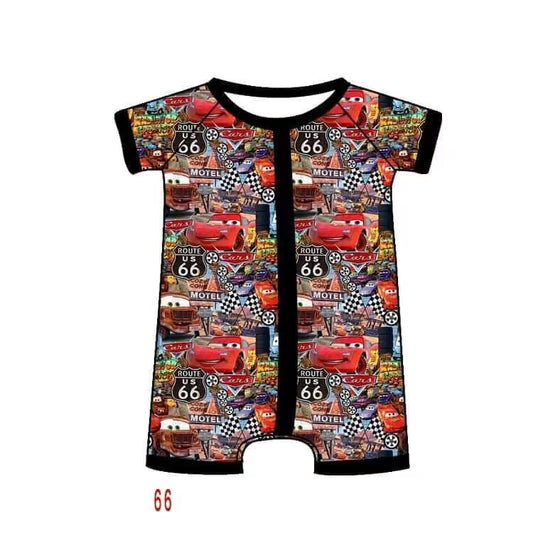 (Custom Design Preorder MOQ 5) Cartoon Cars Print Baby Boys Summer Zipper Romper