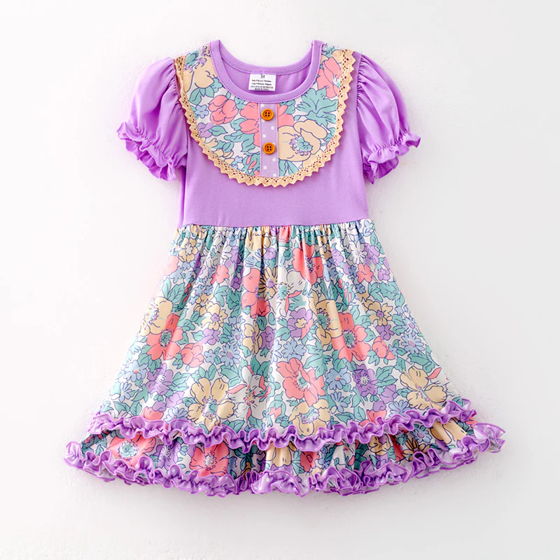 (Custom Design Preorder MOQ 5) Purple Flowers Print Girls Knee Length Dress