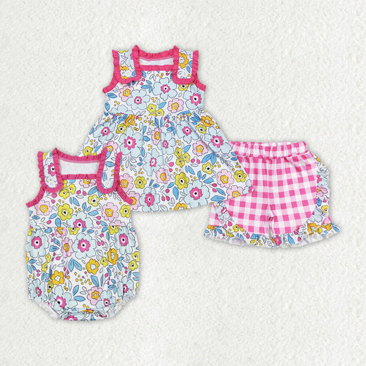 Colorful Flowers Pink Plaid Print Sisters Summer Matching Clothes