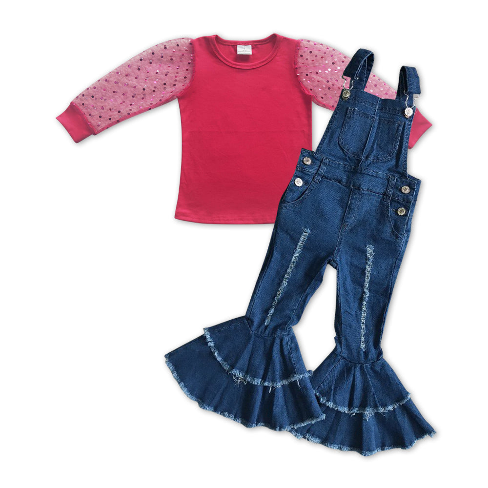 GLP1035 Hot Pink Cotton Tulle Top Suspender Denim Overall Flare Bell Jumpsuit Girls Clothes Set