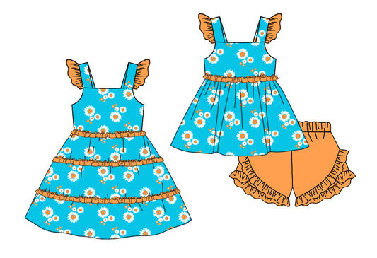 11.9(Custom Design Preorder MOQ 5 Each Design) Flowers Blue Print Girls Summer Matching Clothes Set Sisters Wear