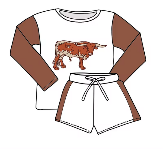 (Custom Design Preorder MOQ 5)  Cow Print Long Sleeve Top Shorts Kids Clothes Set