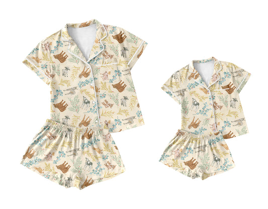 2.15(Custom Design Preorder MOQ 5 Each Design) Animales Print Buttons Pajamas Sets Mom and Me Summer Matching Clothes
