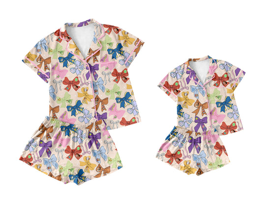 2.22(Custom Design Preorder MOQ 5 Each Design) Cartoon Figure Bows Print Buttons Pajamas Sets Mom and Me Summer Matching Clothes