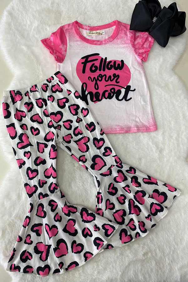 (Custom Design Preorder MOQ 5) Heart Pink Top Leopard Bell Pants Girls Valentine's Day Clothes Set