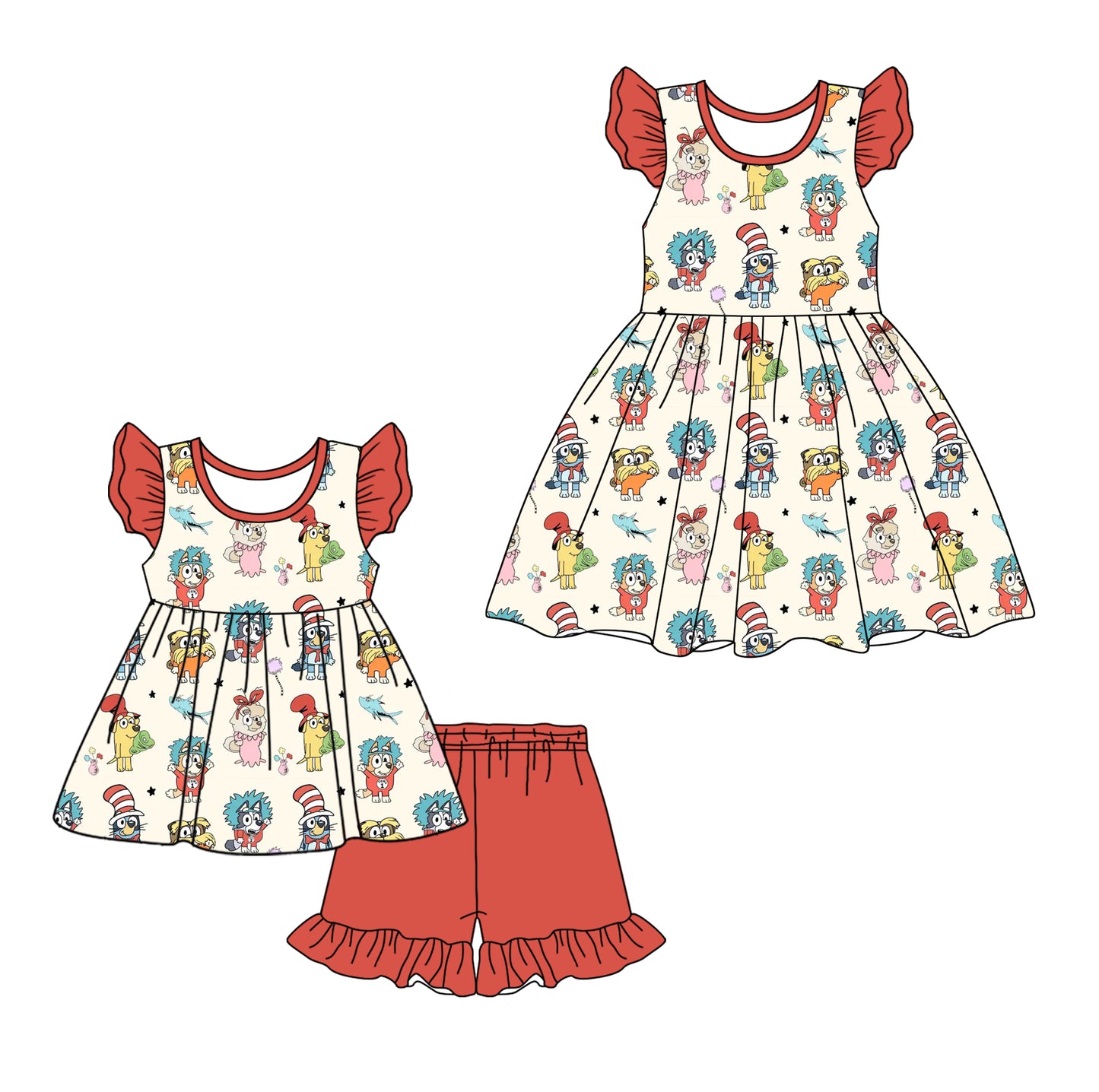 12.11(Custom Design Preorder MOQ 5 Each Design) Cartoon Dog Dr.Reading Print Girls Summer Matching Clothes Sisters Wear