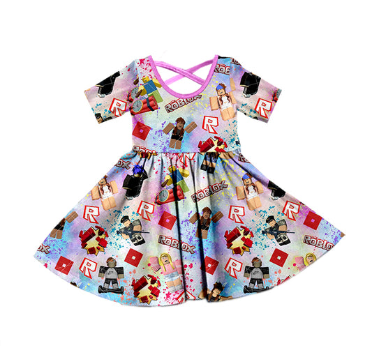 (Custom Design MOQ 5) Pink Game Design Girls Knee Length Dress