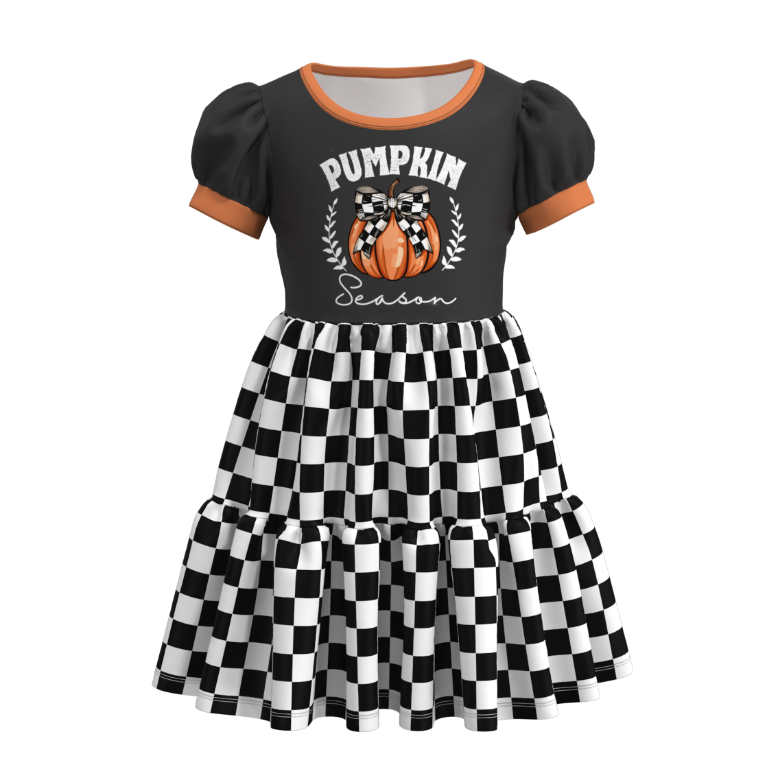 (Custom Design Preorder MOQ 5) Pumpkin Season Black Plaid Print Girls Knee Length Fall Dress