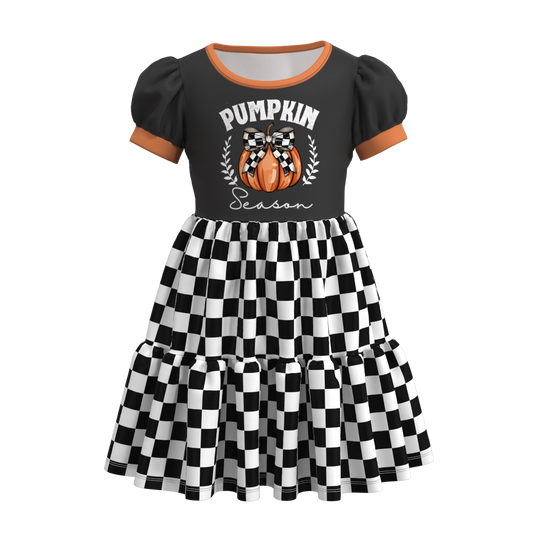 (Custom Design Preorder MOQ 5) Pumpkin Season Black Plaid Print Girls Knee Length Fall Dress