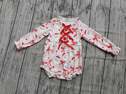 (Custom Design Preorder MOQ 5) Santa Bows Print Baby Girls Christmas Romper