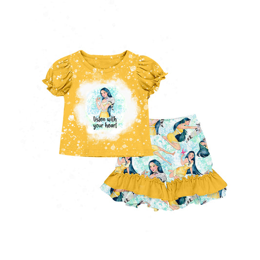 (Custom Design Preorder MOQ 5) Cartoon Princess Top Ruffles Shorts Girls Summer Clothes Set