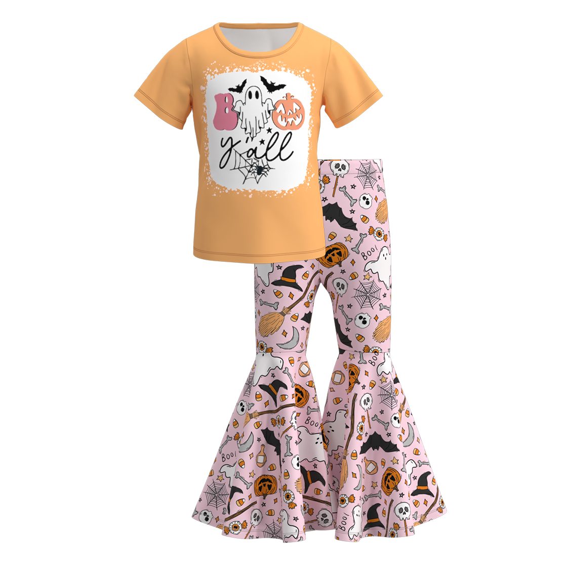 (Custom Design Preorder MOQ 5) BOO y'all Top Pumpkin Bell Pants Girls Halloween Clothes Set