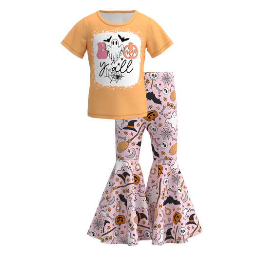 (Custom Design Preorder MOQ 5) BOO y'all Top Pumpkin Bell Pants Girls Halloween Clothes Set