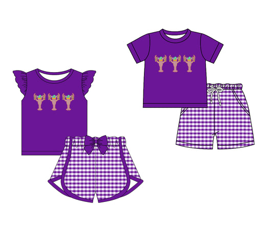 12.13(Custom Design Preorder MOQ 5 Each Design) Crayfish Purple Print Kids Mardi Gras Matching Clothes Sibling Wear