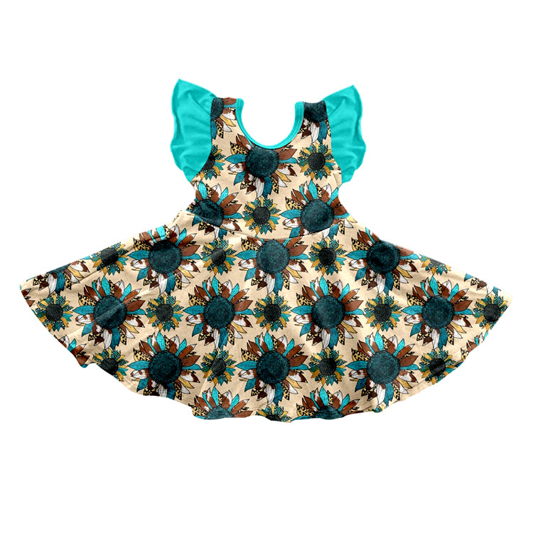 (Custom Design Preorder MOQ 5) Sunflowers Print Girls Knee Length Dress