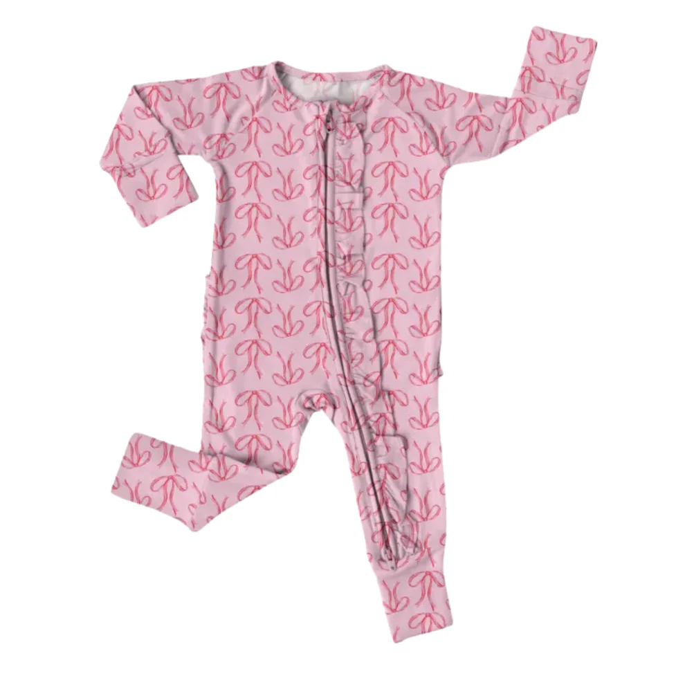 (Custom Design Preorder MOQ 5)  Pink Bows Print Baby Girls Bamboo Sleeper Zipper Romper