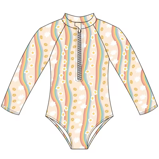 (Custom Design Preorder MOQ 5)  Flowers Rainbow Print Girls 1 Piece Long Sleeve Zipper Swimsuits