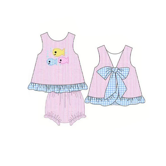 (Custom Design Preorder MOQ 5) Fish Pint Baby Girls Summer Bummie Sets