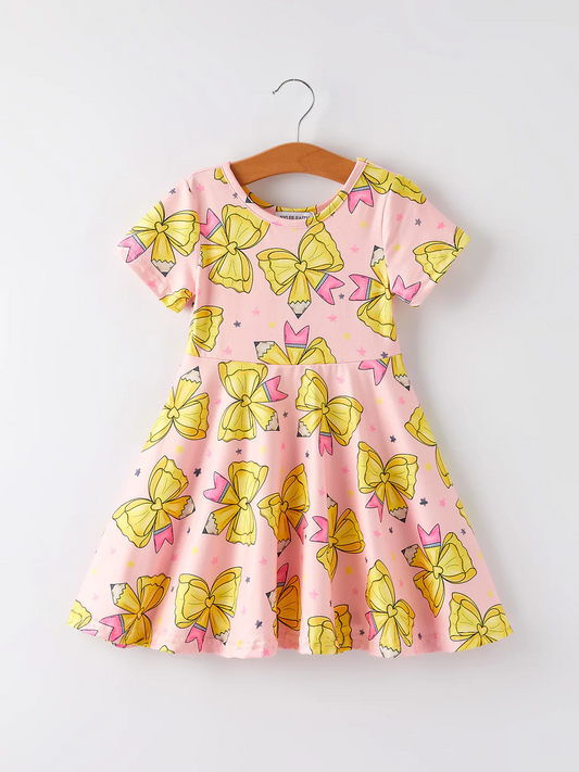 (Custom Design Preorder MOQ 5) Pen Bows Print Girls Back to School Knee Length Dress