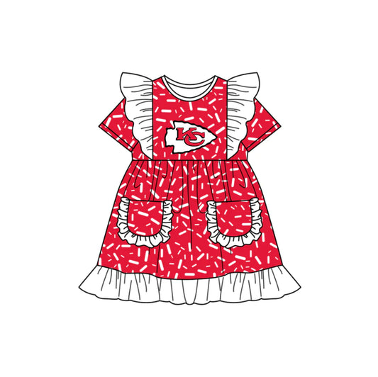 (Custom Design Preorder MOQ 5) Team's Chiefs Sprinkles Print Pockets Girls Summer Knee Length Dress