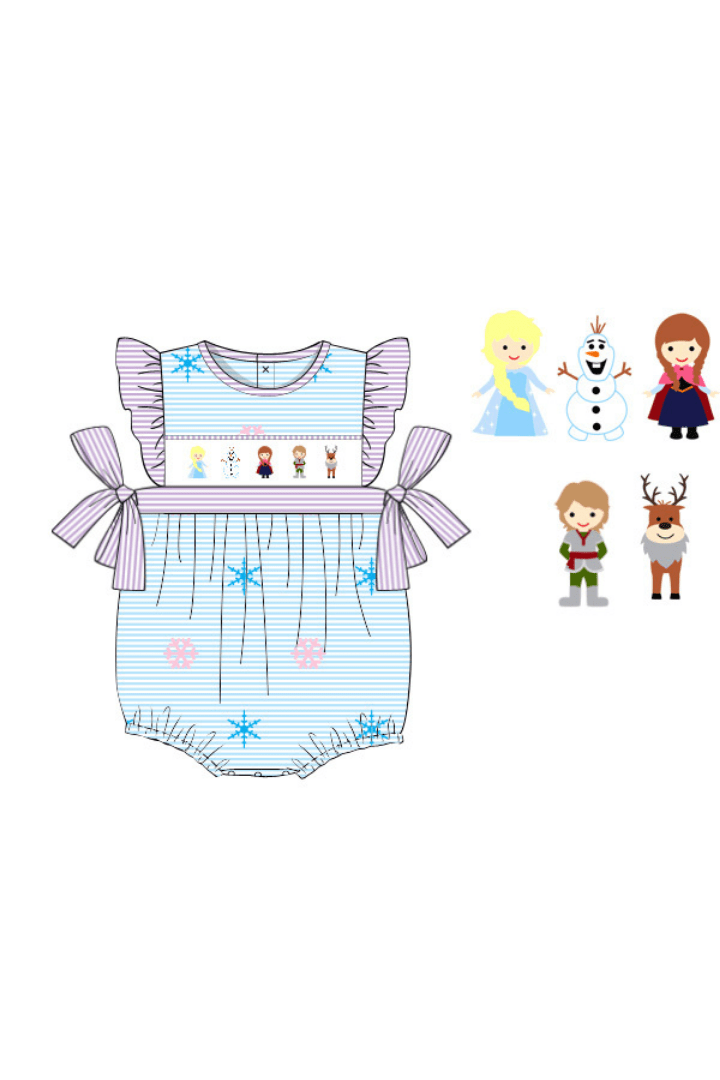 (Custom Design Preorder MOQ 5) Cartoon Princess Snowflake Print Baby Girls Summer Romper