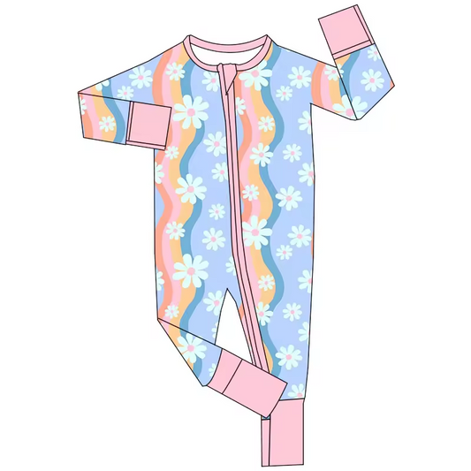 (Custom Design Preorder MOQ 5)  Rainbow Flowers Print Baby Girls Fall Zipper Sleeper Romper