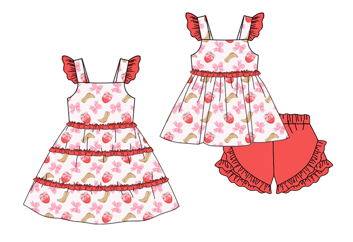 11.11(Custom Design Preorder MOQ 5 Each Design) Strawberry Boots Bows Print Girls Summer Matching Clothes Sisters Wear