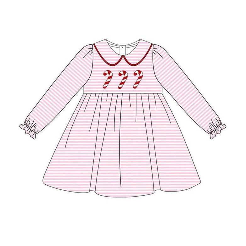 (Custom Design Preorder MOQ 5) Candy Cane Pink Stripes Print Girls Knee Length Christmas Dress