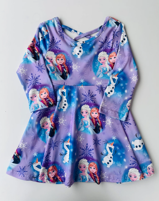 (Custom Design Preorder MOQ 5)  Cartoon Princess Purple Print Girls Knee Length Dress