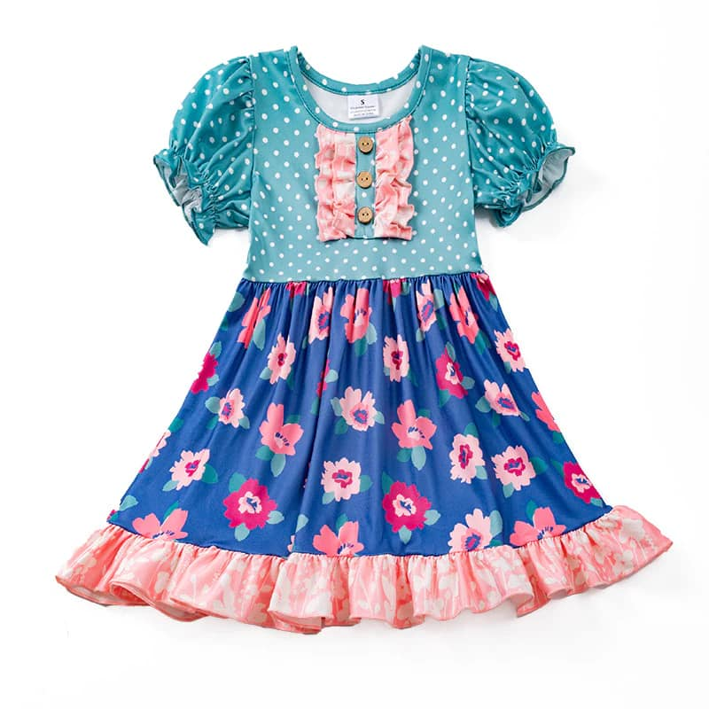 (Custom Design Preorder MOQ 5) Blue Flowers Print Girls Knee Length Summer Dress