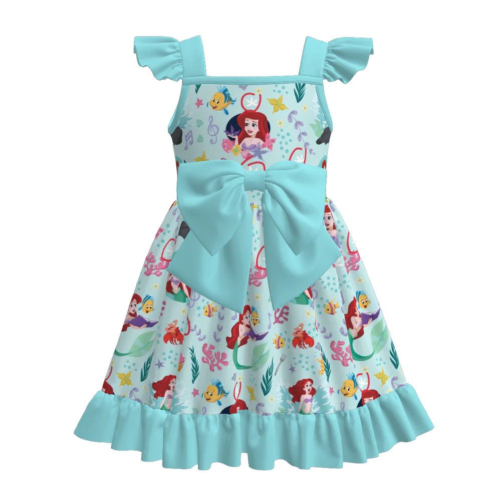 (Custom Design Preorder MOQ 5) Cartoon Princess Mermaid Fish Print Girls Summer Knee Length Dress