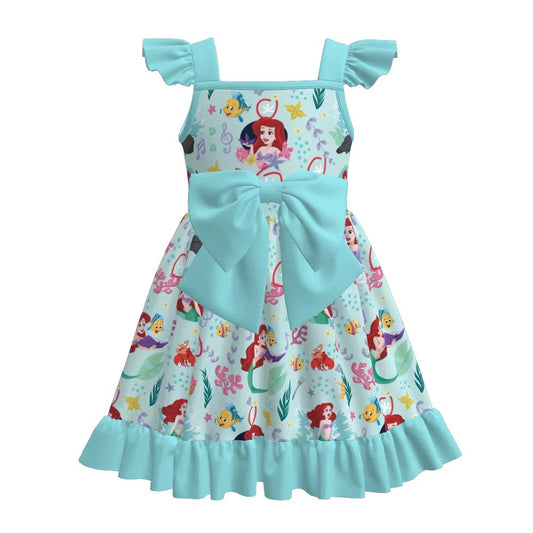 (Custom Design Preorder MOQ 5) Cartoon Princess Mermaid Fish Print Girls Summer Knee Length Dress