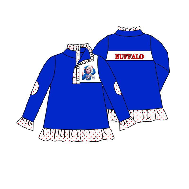 (Custom Design Preorder MOQ 5) Team's BUFFALO Cartoon Princess Print Girls Pullover Buttons Top