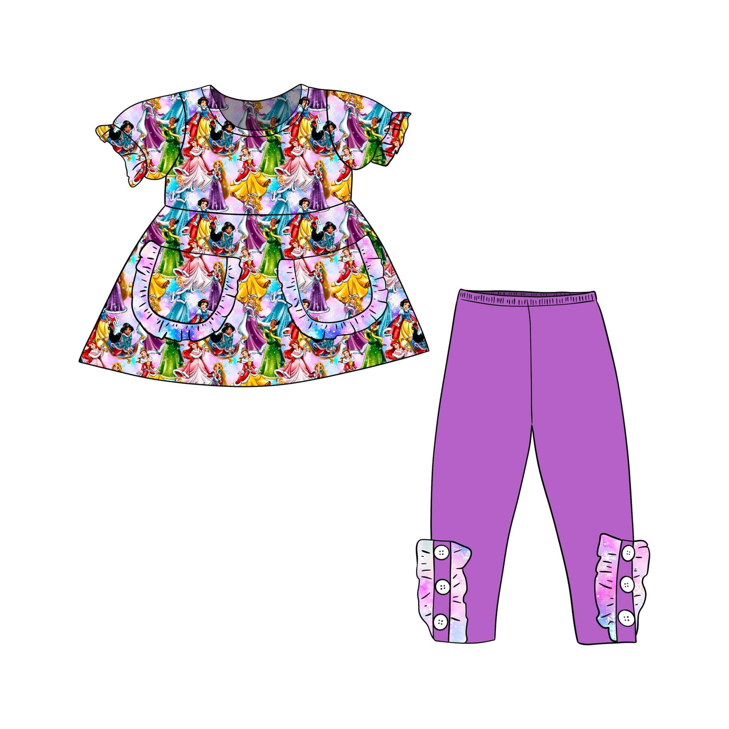 (Custom Design Preorder MOQ 5) Cartoon Princess Tunic Top Purple Pants Girls Christmas Clothes Set