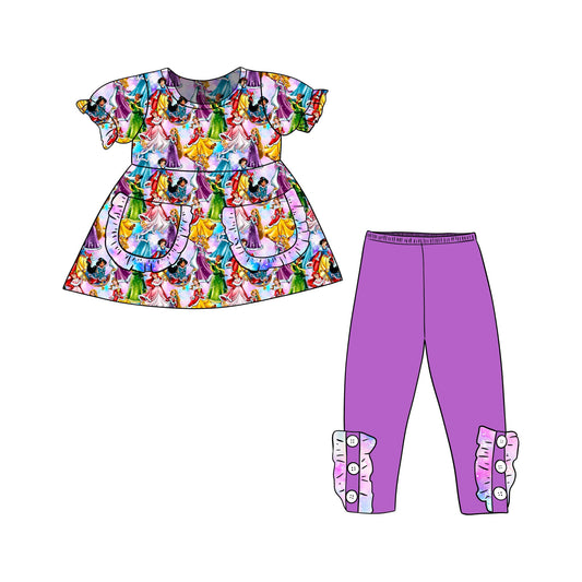 (Custom Design Preorder MOQ 5) Cartoon Princess Tunic Top Purple Pants Girls Christmas Clothes Set