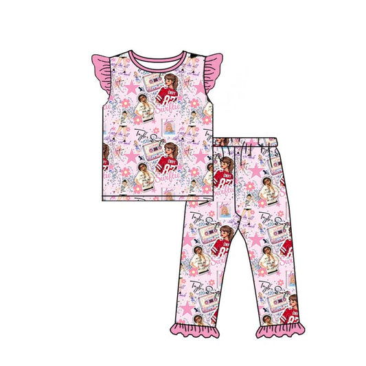 (Custom Design Preorder MOQ 5) Singer Swiftie Flowers Pink Print Girls Pajamas Clothes Set