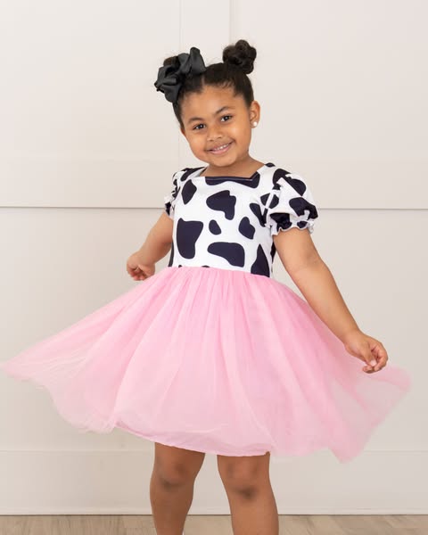 (Custom Design Preorder MOQ 5) Cowhide Print Girls Summer Knee Length Tulle Dress