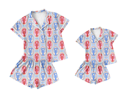 11.22(Custom Design Preorder MOQ 5)  Adult Crayfish Blue Red Print Woman Buttons Summer Pajamas Clothes Set