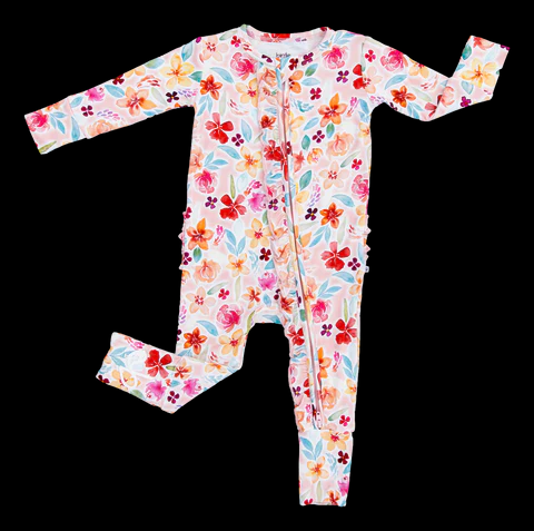 (Custom Design Preorder MOQ 5)  Flowers Print Baby Girls Spring Bamboo Sleeper Zipper Romper