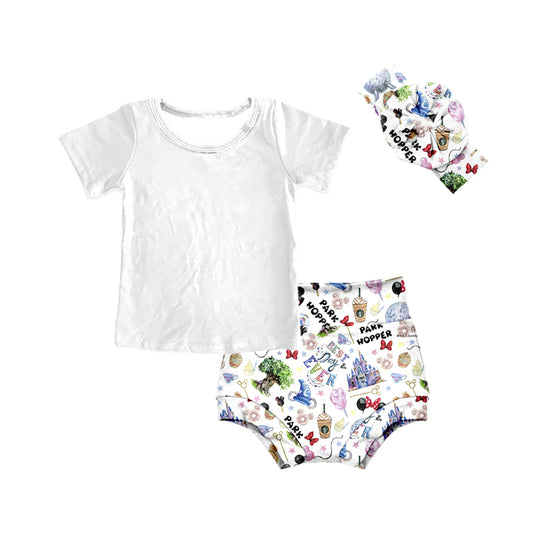 (Custom Design MOQ 5)  White Top Cartoon Mouse Shorts Baby Girls Summer 3 Pieces Bummie Sets