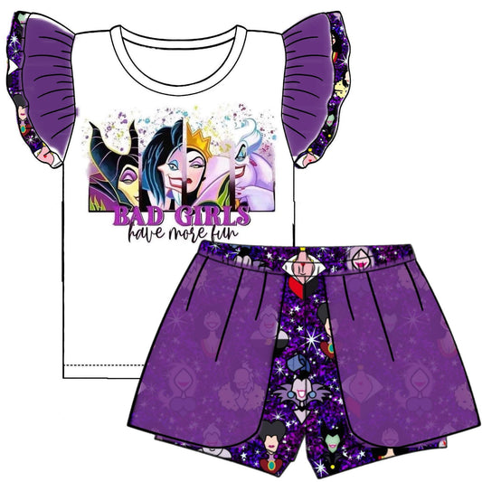 (Custom Design Preorder MOQ 5) Cartoon Bad Girls Top Tulle Shorts Girls Summer Clothes Set