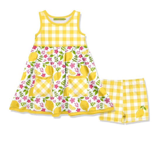 (Custom Design Preorder MOQ 5) Lemon Flowers Pockets Tunic Top Plaid Shorts Girls Summer Clothes Set