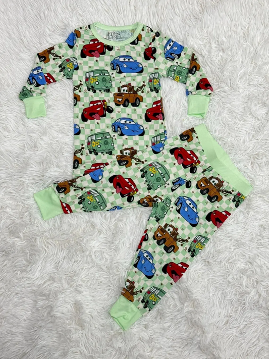 (Custom Design Preorder MOQ 5) Cartoon Cars Plaid Print Kids Pajamas Clothes Set