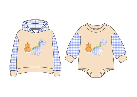 7.1(Custom Design Preorder MOQ 5 Each Design) Dino Pumpkin Plaid Print Boys Fall Matching Clothes Brothers Wear