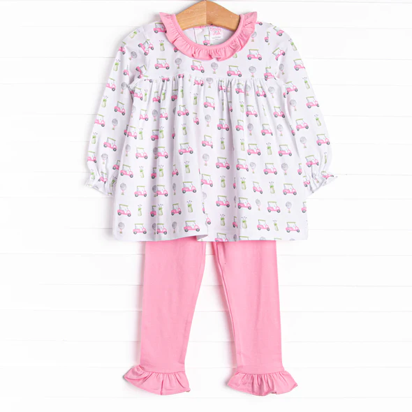 (Custom Design Preorder MOQ 5) Golf Trucks Tunic Top Pink Pants Girls Fall Clothes Set