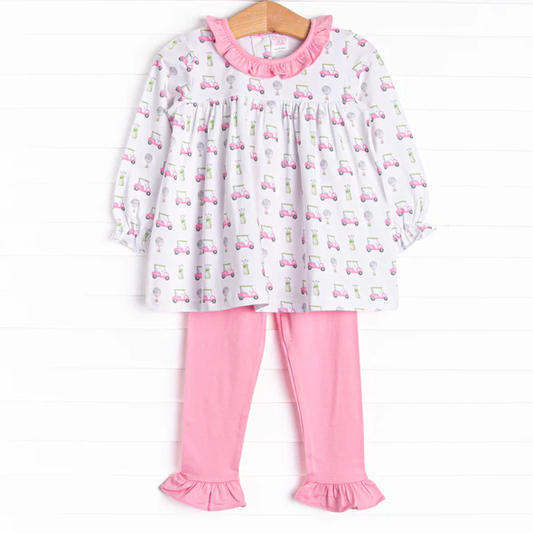 (Custom Design Preorder MOQ 5) Golf Trucks Tunic Top Pink Pants Girls Fall Clothes Set