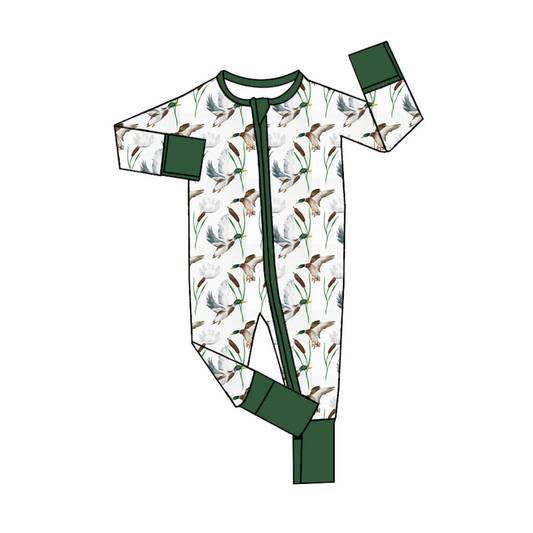 (Custom Design Preorder MOQ 5) White Duck Print Baby Boys Fall Sleeper Zipper Romper