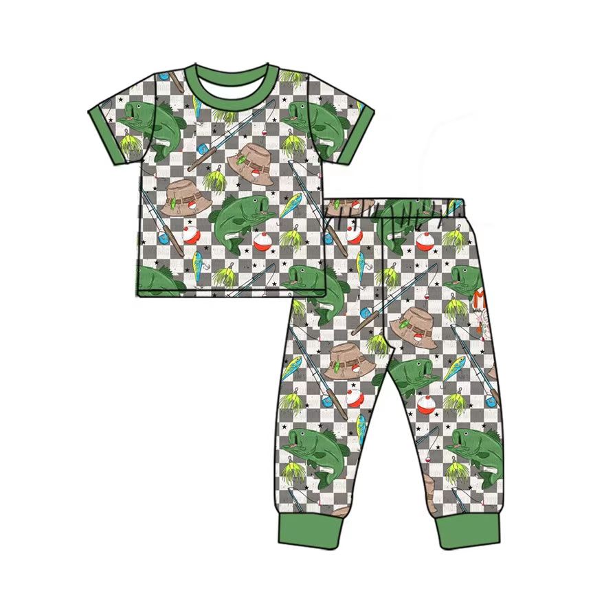 3.10(Custom Design Preorder MOQ 5) Fishing Plaid Print Kids Pajamas Clothes Set